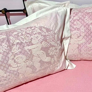 Cherub Embroidered Pillow Shams – Hand‑Embroidered White Cotton Richelieu Set (Vintage Cottage Decor