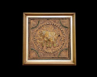 ヴィンテージのビルマ・カラガ・タペストリー：手刺繍の象の壁アート 