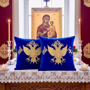 Greek Orthodox Pillow Cases – Embroidered Byzantine Covers, Religious Gift from Greece (Heirloom Décor)