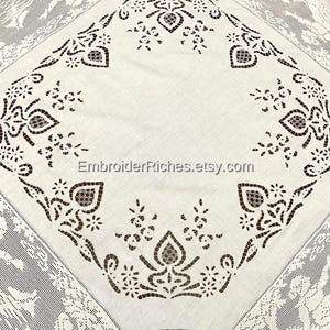 Classical Cutwork Handmade Tablecloth – White Linen Dining Centerpiece (Wedding decor art) image 1