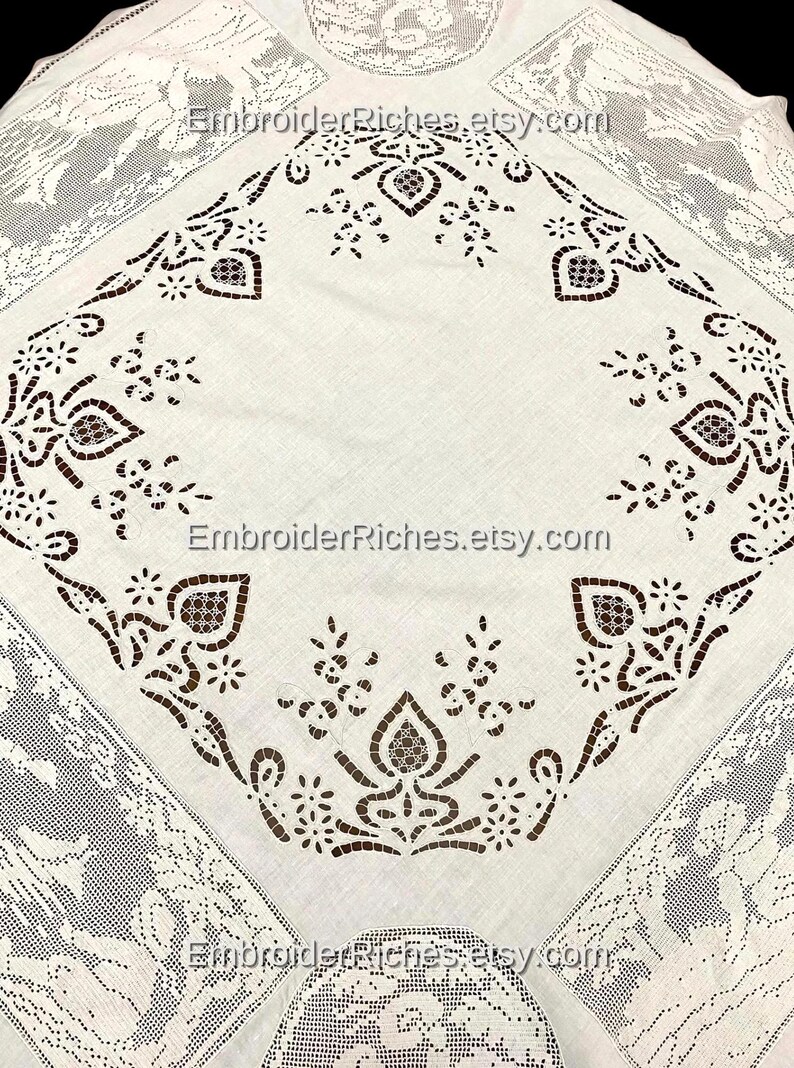 Classical Cutwork Handmade Tablecloth – White Linen Dining Centerpiece (Wedding decor art) image 1