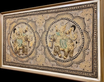 古いビルマのカラガタペストリー、象と神話の手刺繍の壁画、ミャンマー