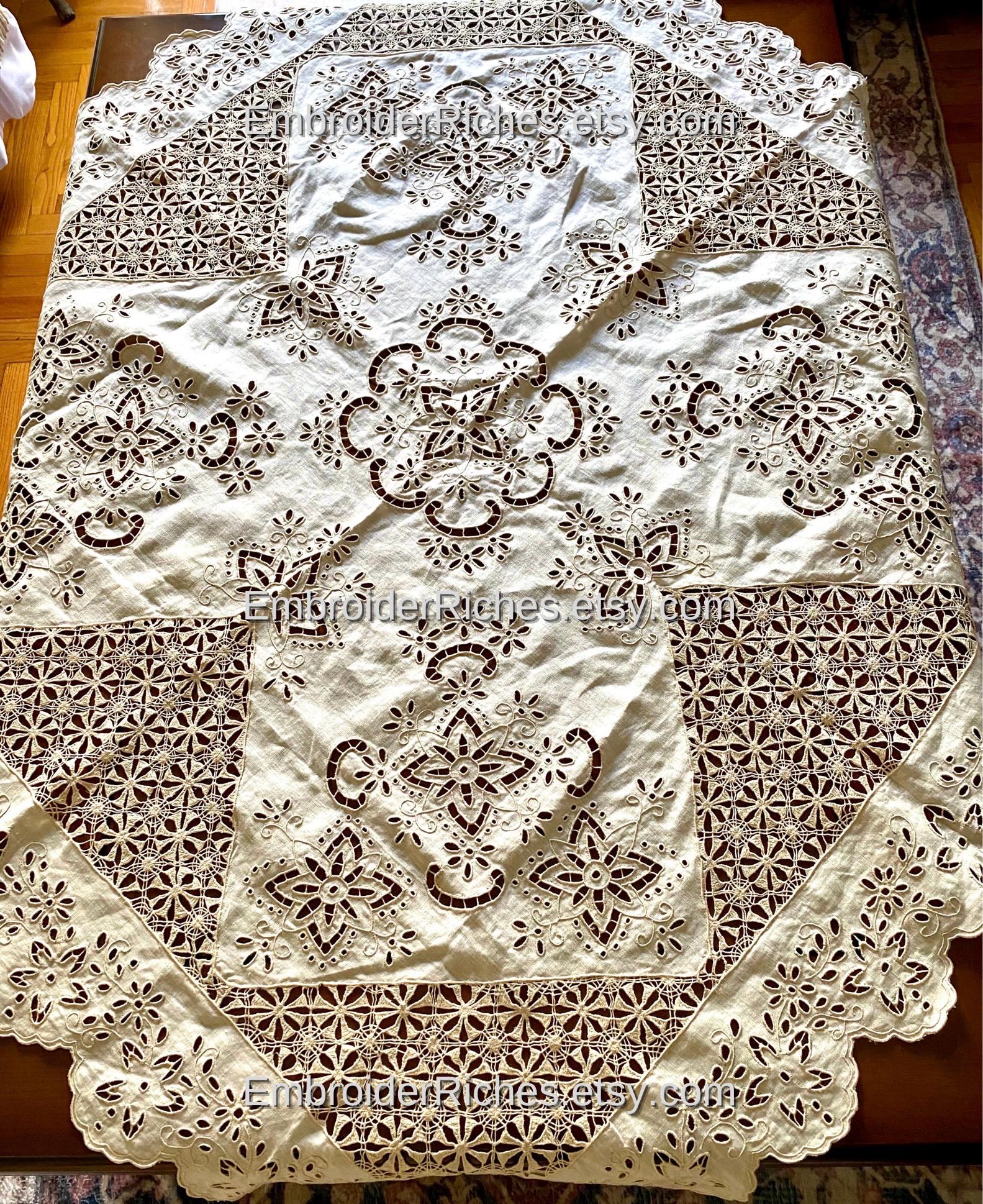 New, Handmade Linen Table Cloth, Azur Embroidered White Tablecloth ...