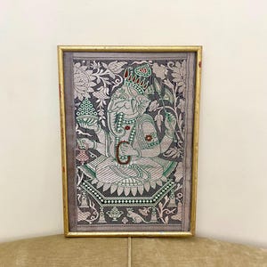 Framed Ganesha Tapestry: Vintage Hindu God Textile Wall Art