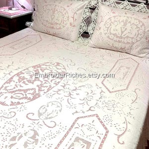 Neuf, parure de lit brodée Richelieu, couvre-lit et taies d'oreiller découpées, chambre à coucher chérubin, literie de mariage, cottage minable, ensemble de literie de luxe