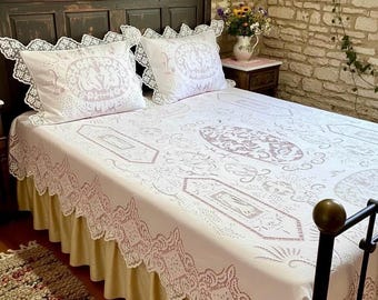 Richelieu Embroidered Bed Set – Cutwork Bedspread & Pillow Shams with Cherub Motifs (Luxury Cottage Wedding)
