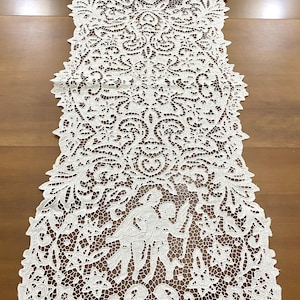 White Richelieu Cutwork Runner – Handmade Linen for Farmhouse Table