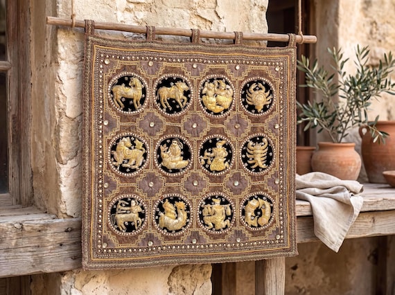 Vintage Burmese Zodiac Kalaga: Metallic Threadwork Textile Art
