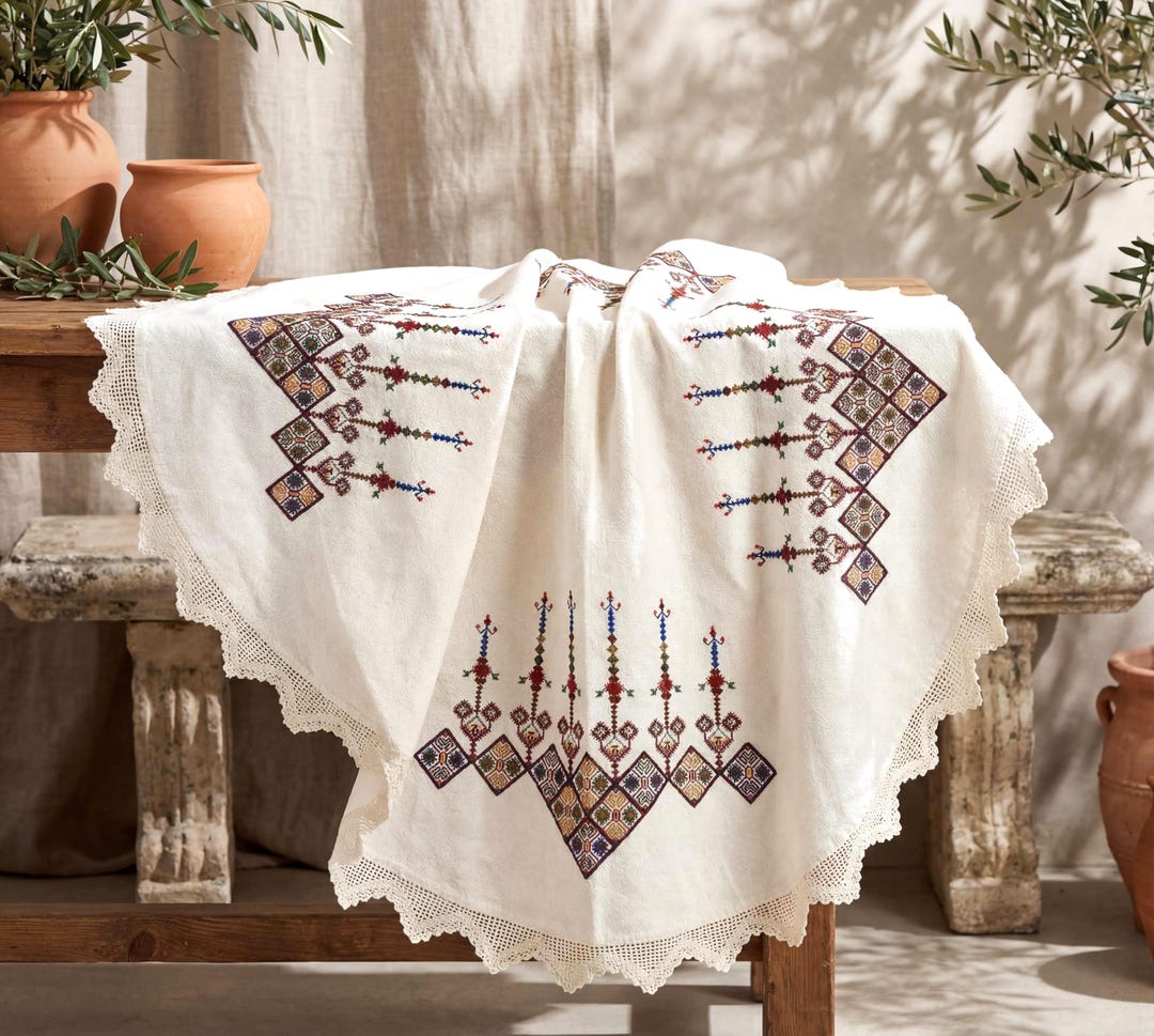 ウール100% 刺繍 テーブルクロス 手刺繍のクレタ島テーブルクロス：ギリシャの民芸品、手作りのレース