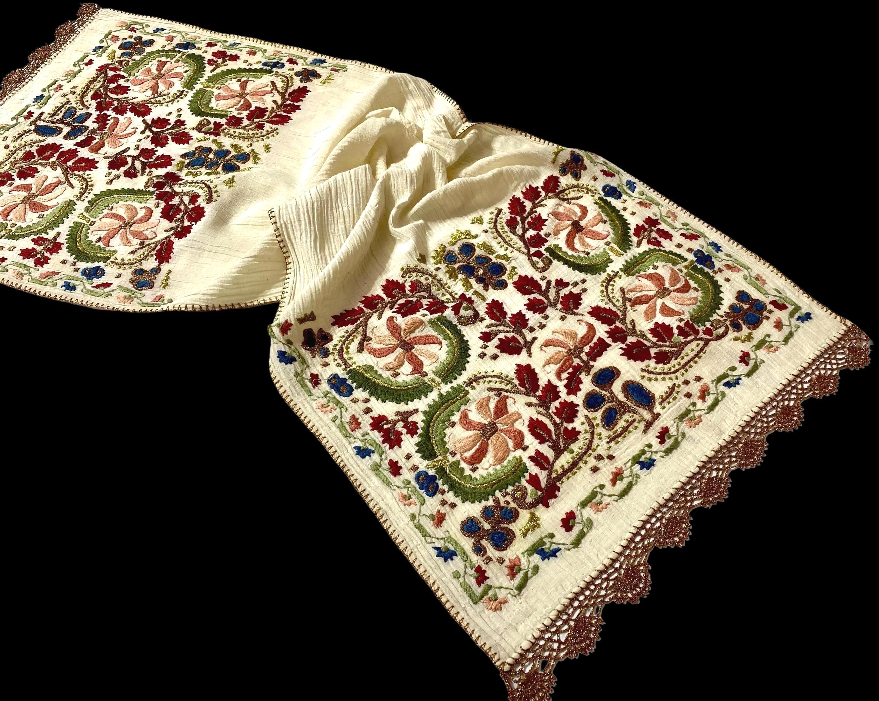 Gold Floral Byzantine Embroidery, Handmade Folk Table Runner