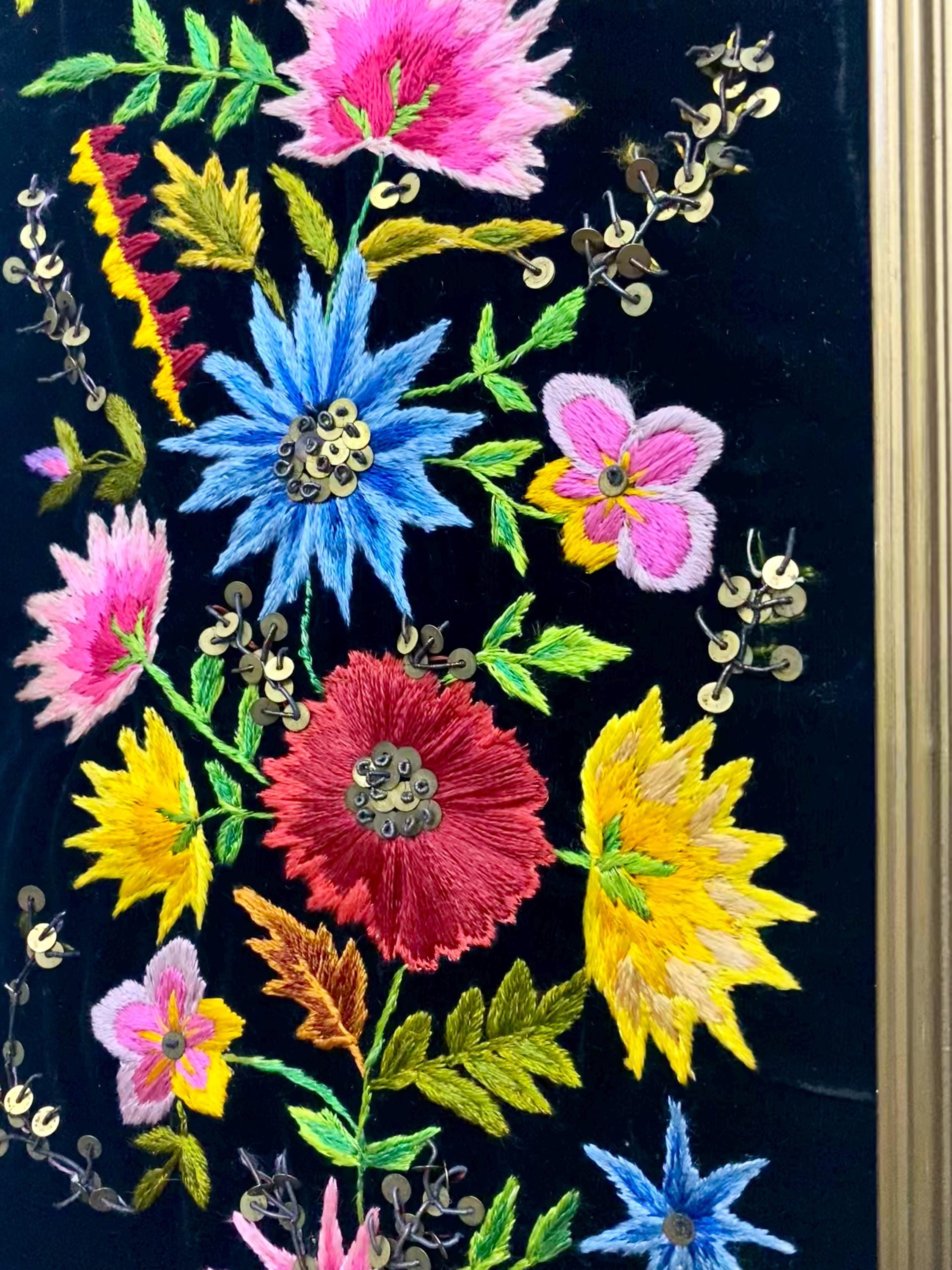 1980s Floral Crewel Embroidery Wall Hanging - Handmade Needlework Art ...