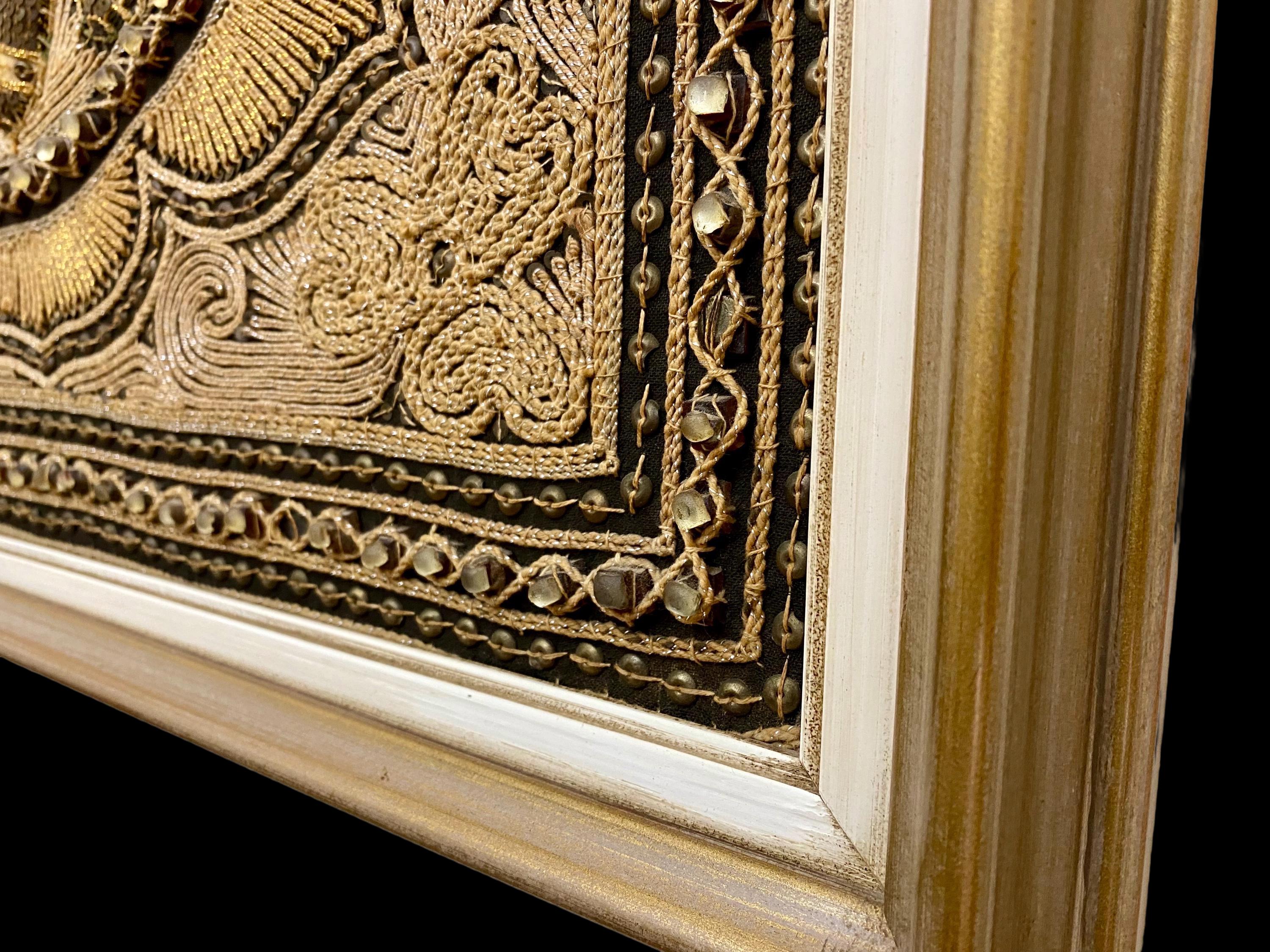 古いビルマのカラガタペストリー、象と神話の手刺繍の壁画、ミャンマー