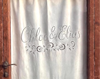 Rideau café en lin personnalisé avec noms - Broderie découpée à la main - Rideau de fenêtre de mariage personnalisé