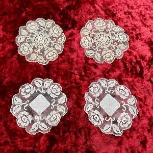 Antique doilies needlework, crochet embroidery table tops, handmade folk table decor art