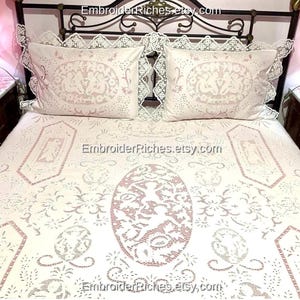 Neu, von Richelieu besticktes Bettset, Cut Work Tagesdecke und Kissenbezüge, Cherub Schlafzimmer, Hochzeitsbettwäsche, shabby Cottage, Luxusbettwäsche-Set
