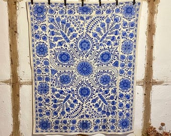 Blue Suzani Bedspread: Vintage Hand Embroidered Uzbek Tapestry