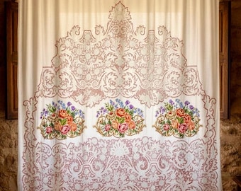 Classic Cottage‑Chic Linen Curtain – Hand‑Embroidered Panel for Aristocratic Decor