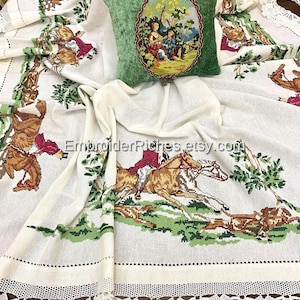 British Hunt Tablecloth – Hand‑Embroidered Countryside Scene, Tapestry Dining Cover