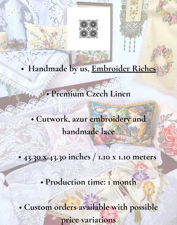 スクエアホワイトリネンテーブルクロス - 手刺繍レースカバー