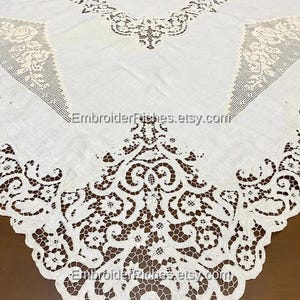 Cutwork Richelieu Linen Tablecloth – White Embroidered Antique Table Cover (Special Occasion)
