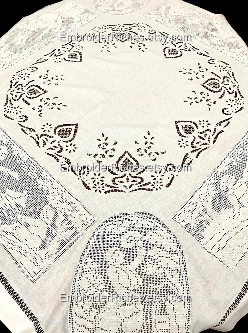 Classical Cutwork Handmade Tablecloth – White Linen Dining Centerpiece (Wedding decor art) image 2