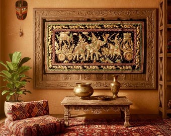 Vintage Burmese Kalaga Tapestry, Hand-Embroidered Elephant, Gold Thread & Beadwork, 1970s
