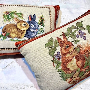 Animal Embroidered Pillow Set – Handmade Bunny & Squirrel Velvet Cushions for Window Seats (Country Cottage)