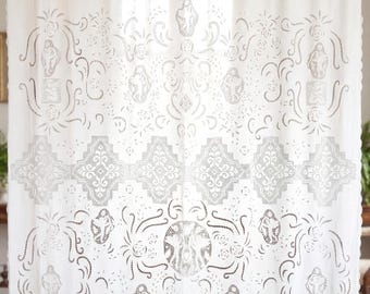 Richelieu Cutwork Vorhang - Handgefertigtes Leinen Paneel mit Spitze Volant, Europäisch Klassisches Dekor (Cottage Luxe)
