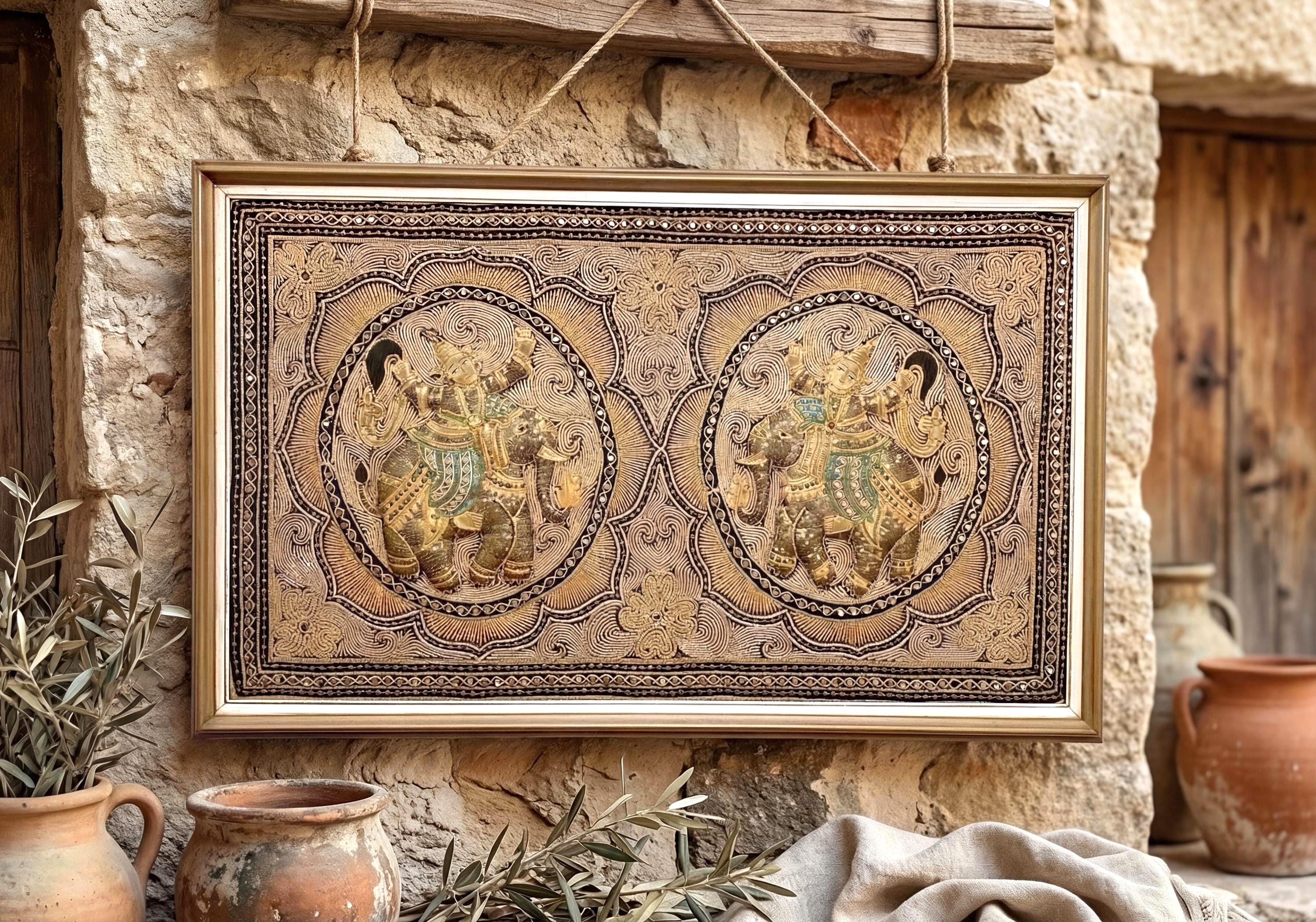 古いビルマのカラガタペストリー、象と神話の手刺繍の壁画、ミャンマー