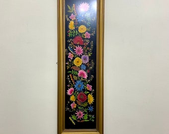 Circa 1980s Handmade framed art, hand embroidery frame, vintage needlework floral wall hanging