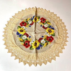 Embroidered Linen Table Topper: Round Floral Lace Doily, Handmade Lace