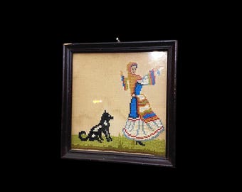Vintage Greek Folk Embroidery: Rural Woman & Dog Cross Stitch Art