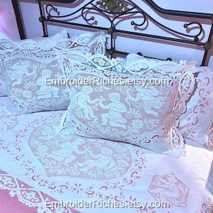 White Linen Cutwork Bedding Set – Richelieu Embroidered Bedspread & Pillow Shams (Vintage Wedding)