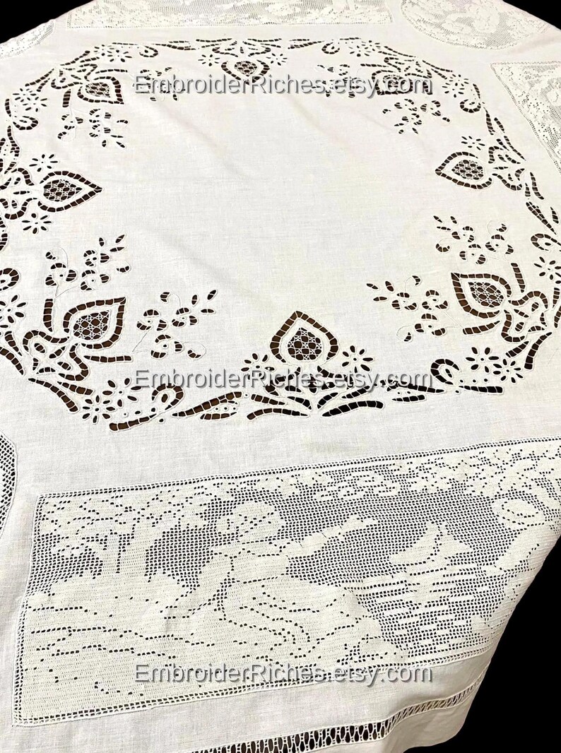 Classical Cutwork Handmade Tablecloth – White Linen Dining Centerpiece (Wedding decor art) image 4