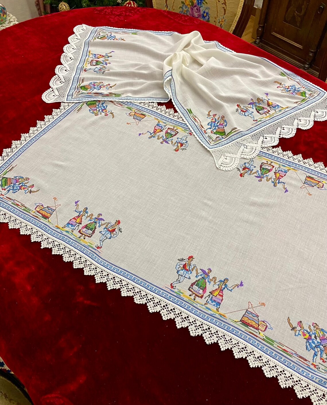 Greek Traditional Tablecloth Embroidery, Handmade Table Cloth Greece, Vintage Finds, Coffee