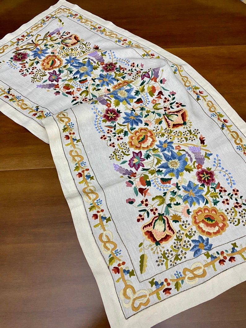 Hand Embroidered Table Runner, Unique Byzantine Embroidery Runner