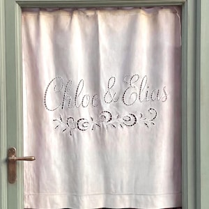 Custom Linen Cafe Curtain with Names – Hand Cutwork Embroidery – Personalized Wedding Window Curtain