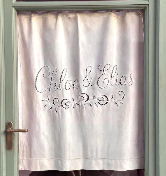 Custom Linen Cafe Curtain with Names – Hand Cutwork Embroidery – Personalized Wedding Window Curtain
