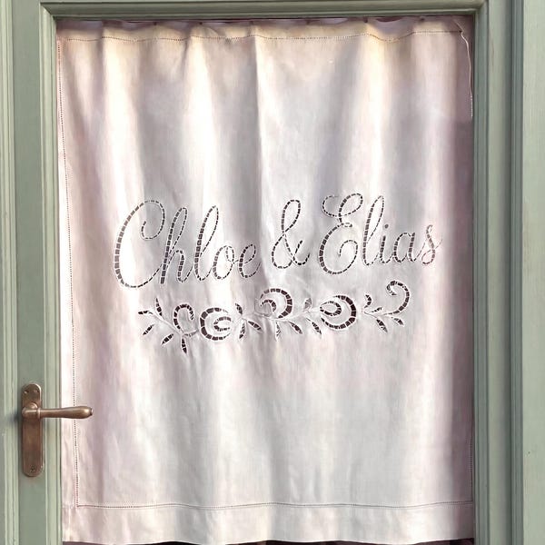 Custom Linen Cafe Curtain with Names – Hand Cutwork Embroidery – Personalized Wedding Window Curtain