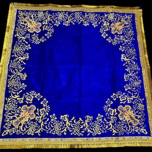 Hand Embroidered Blue Velvet Tablecloth with Gold Thread, Cross Stitch and Counted Thread, Satin