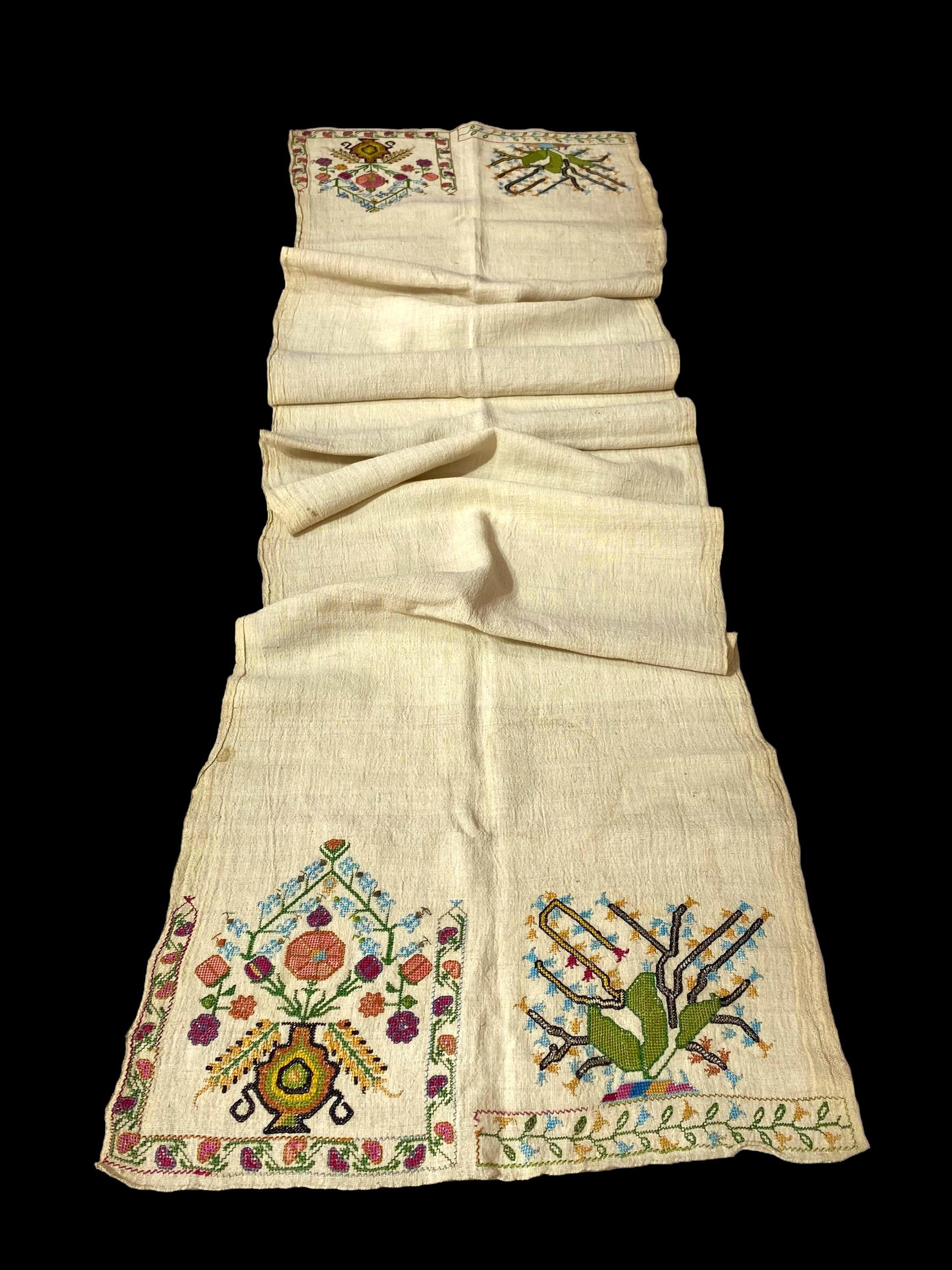 Hand Rummer Rare Greek Folk Hand-embroidered Runner, Double Floral Vase Tree Motif ...
