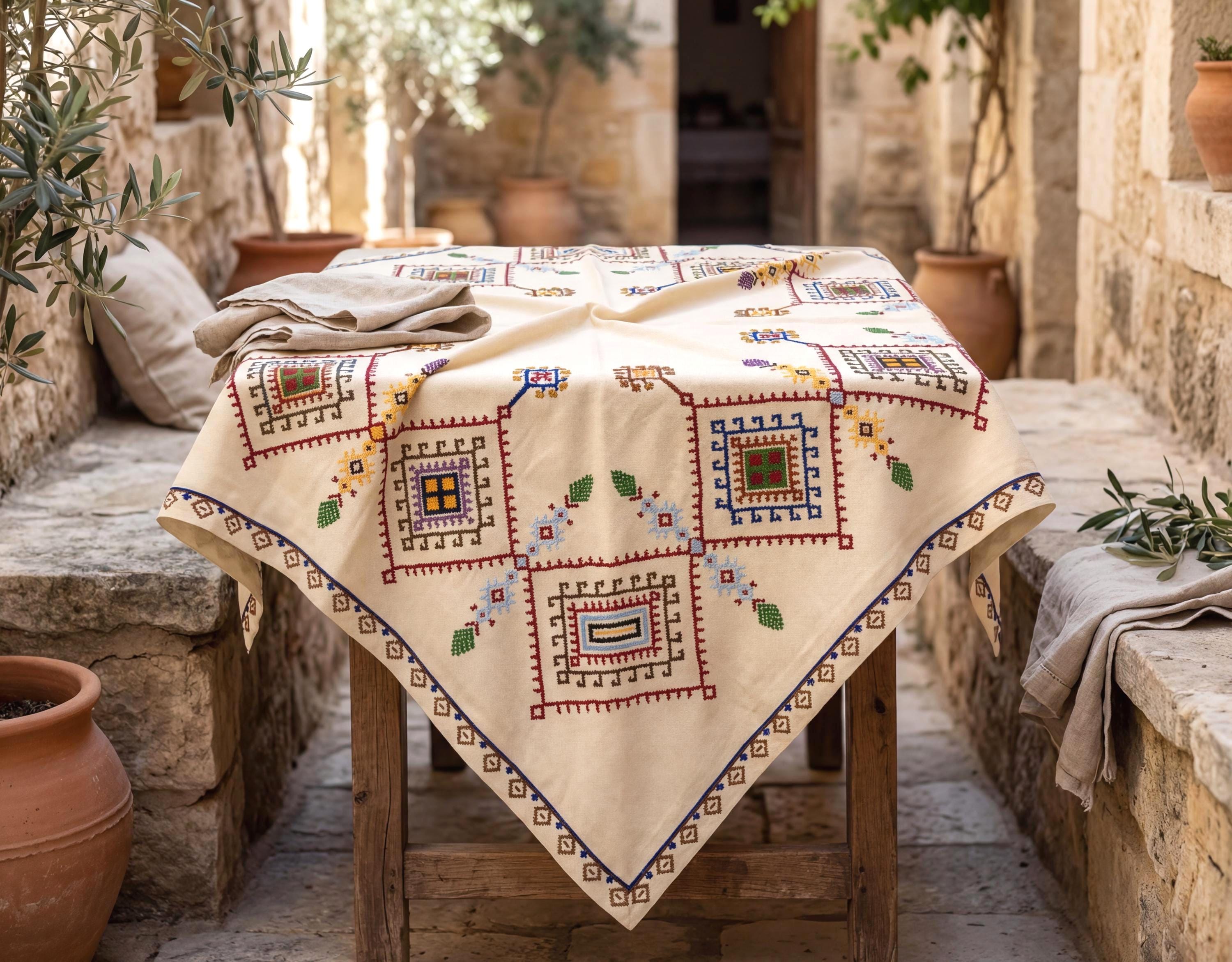 Vintage Greek Embroidered Tablecloth: Cretan Folk Art, 1980s