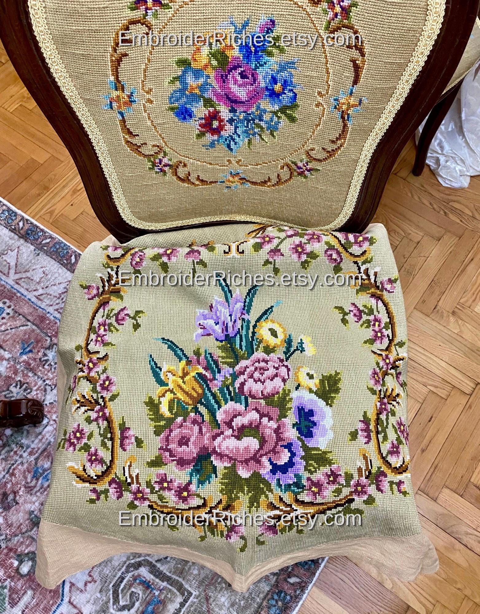 Handmade Floral Embroidered Chair Cover Set: Victorian Chateau Decor
