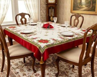 Elegant Hand Embroidered Christmas Tablecloth – Handmade Holiday Dining Cover (Opulent Décor)