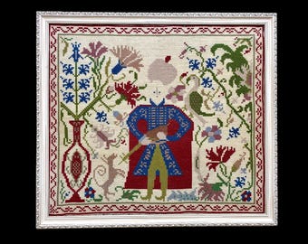 Lute player Ioannina framed embroidery, Ottoman Era handmade embroidered frame, Traditional folk Greek decor