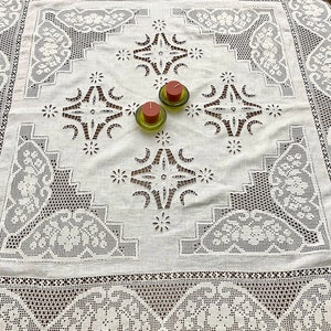 White Linen Table Cover – Hand‑Embroidered Square Cutwork Centerpiece (Traditional Heritage Decor)