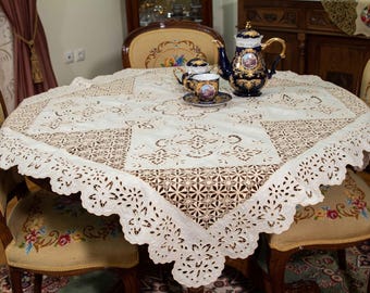 Azure‑Embroidered White Linen Tablecloth – Handmade Cutwork Table Topper (Vintage Rustic Decor)