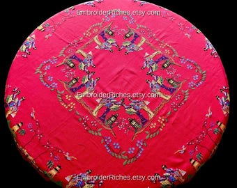 Handmade Japanese Embroidered Tablecloth: Oriental Cross Stitch, Red Lace
