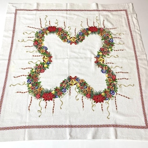 Hand‑Embroidered Christmas Tablecloth – Festive Square Linen Table Cover (Holiday Dining Décor)
