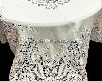 Richelieu Cutwork Linen Tablecloth – Big Handmade Vintage Table Cover (Wedding Decor Art)